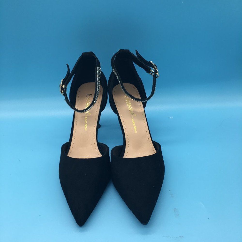 Eastanna Point Toe Mid Heels Ankle Strap Rhinestones Pumps
